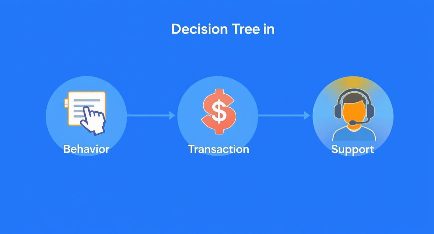 A decision tree diagram illustrating a customer journey from behavior and transaction to support.