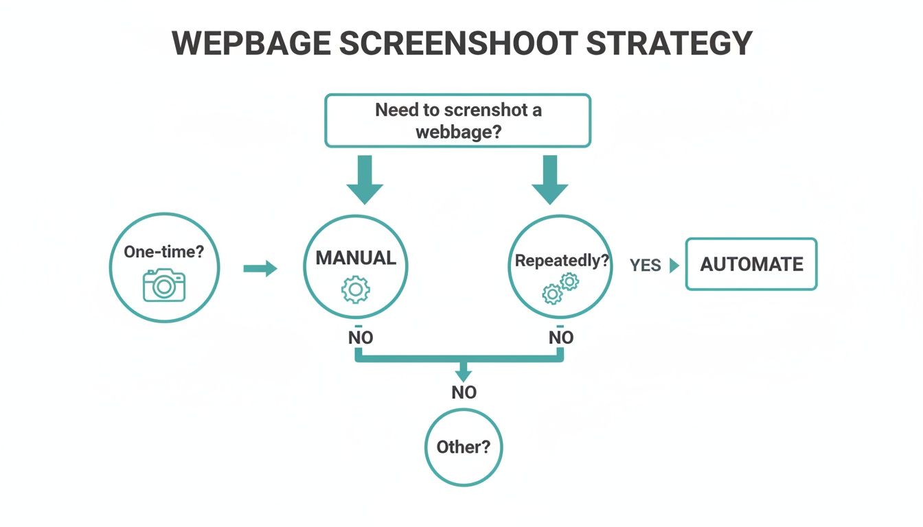 Flowchart illustrating a webpage screenshot strategy, guiding users to choose between manual or automated methods.