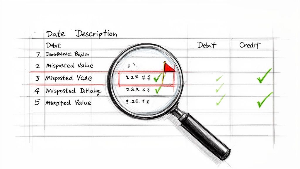 A hand-drawn accounting ledger with a magnifying glass highlighting misposted values and green checkmarks.