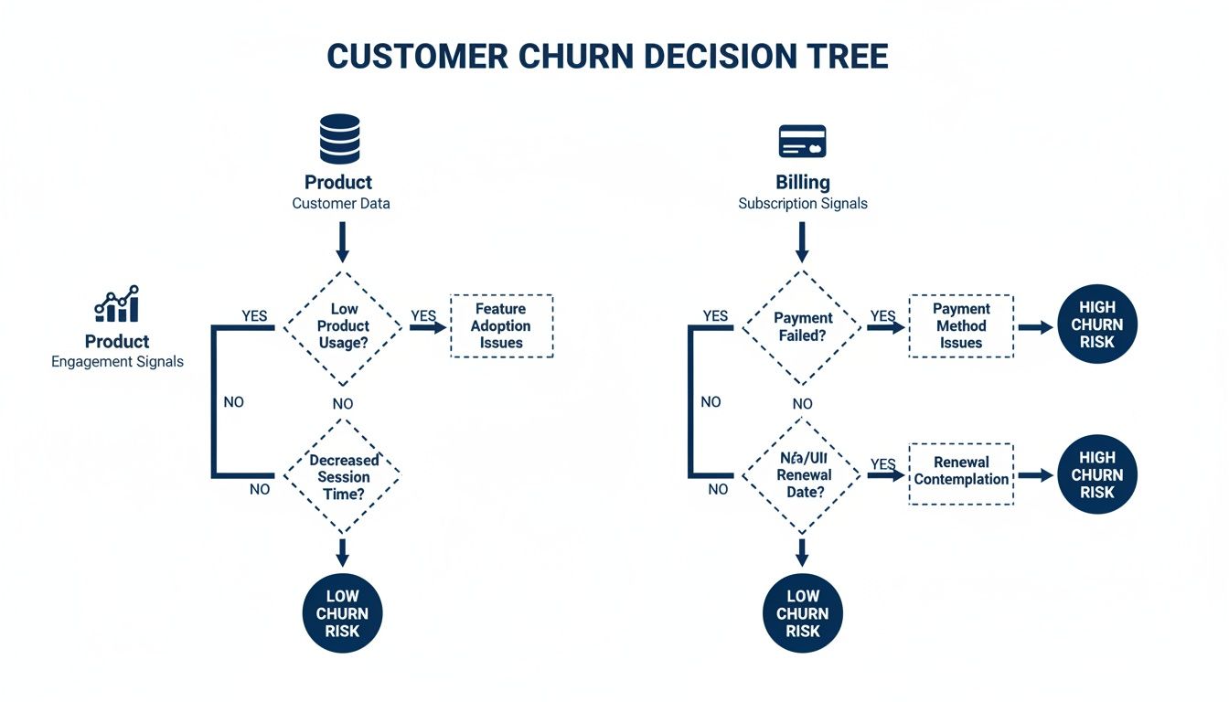 Flowchart illustrating a customer churn decision tree based on product usage, billing, and engagement signals.