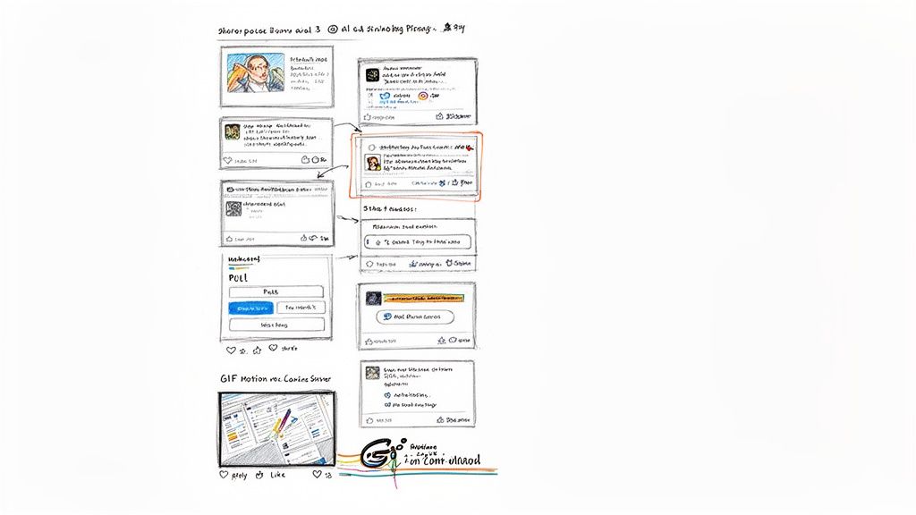 Hand-drawn sketch illustrating various microblogging post types and social media layouts.