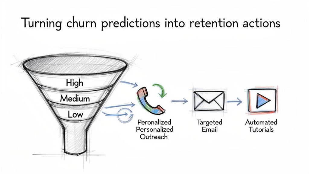 A funnel showing high, medium, and low churn predictions leading to personalized outreach, targeted emails, and automated tutorials.