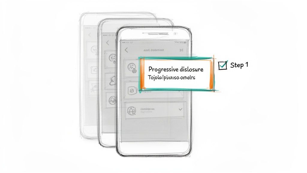 Sketch illustrating progressive disclosure in a mobile app UI, highlighted as Step 1 of a process.