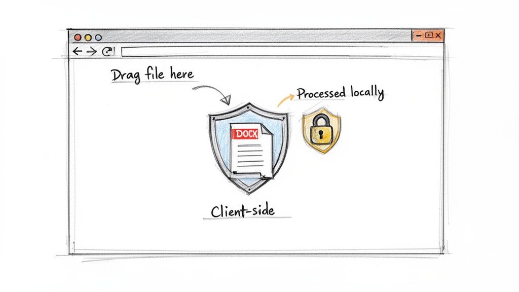 A browser window showing client-side processing of a DOCX file, emphasizing local and secure handling.