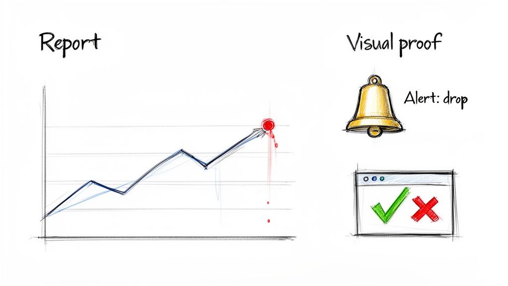 Hand-drawn graph shows a data peak with red drops. Visual proof includes an alert bell and checkmark/cross.