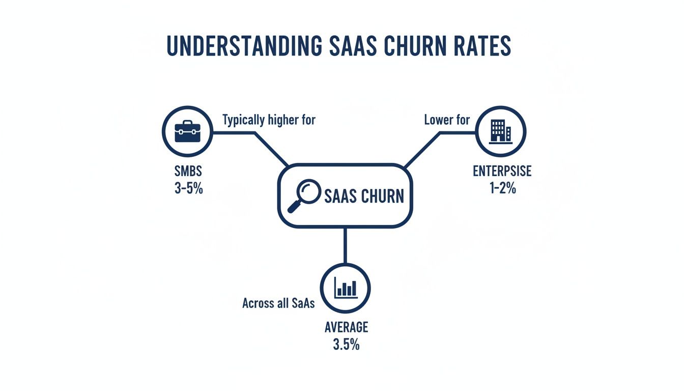 Infographic illustrating SaaS churn rates, showing higher churn for SMBs, lower for enterprise, and overall average.