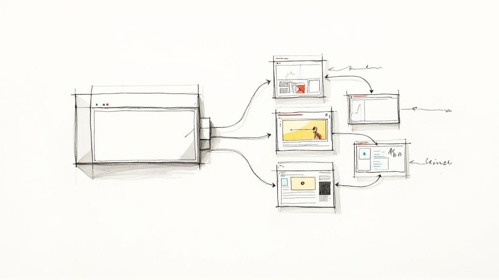 Hand-drawn diagram illustrating a content strategy flow with a main browser window connecting to various content types on smaller screens.