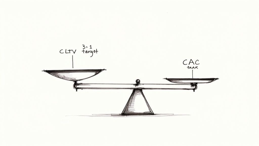 A hand-drawn balance scale illustrates Customer Lifetime Value (CLTV) heavily outweighing Customer Acquisition Cost (CAC) with a 3:1 target.