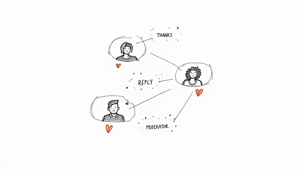 A hand-drawn diagram illustrating social media interactions with users, replies, thanks, and a moderator.