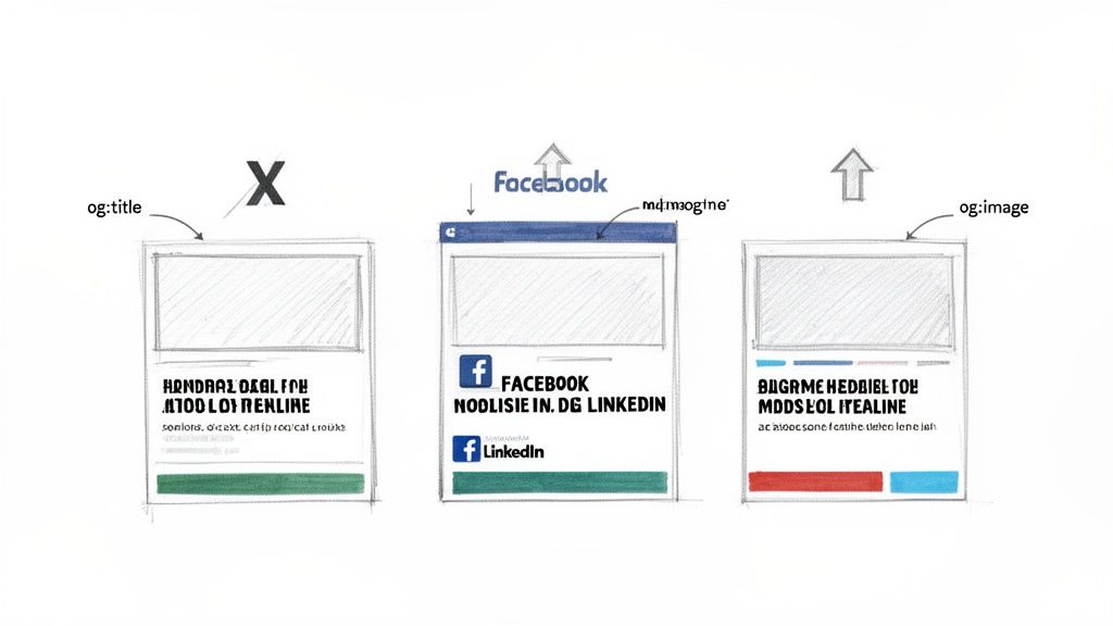 Three hand-drawn Open Graph social media card templates showing different preview layouts and branding.