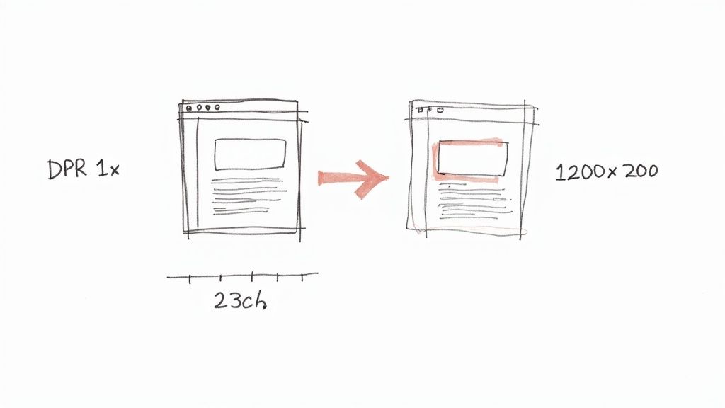 Sketch illustrating how a 1x DPR image content scales to a 1200x200 high-resolution display area.