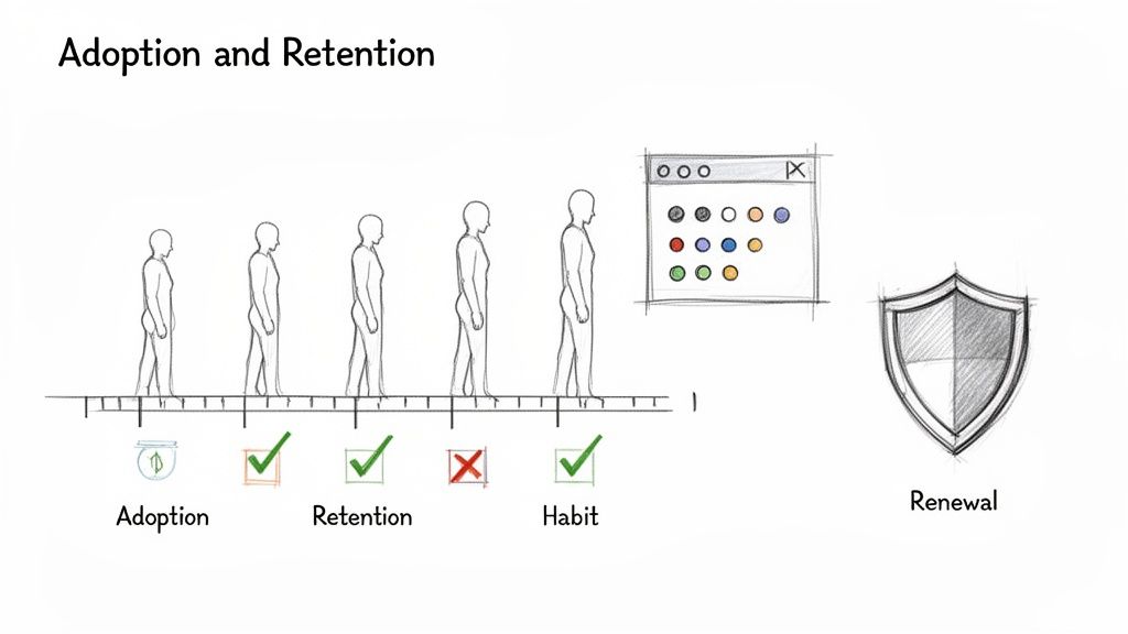 Illustration of customer journey stages: adoption, retention, habit, and renewal, with progress indicators and a shield icon.