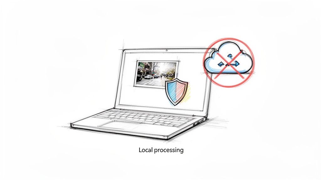A sketch of a laptop displaying local processing with a street image, a shield, and a crossed-out cloud icon.