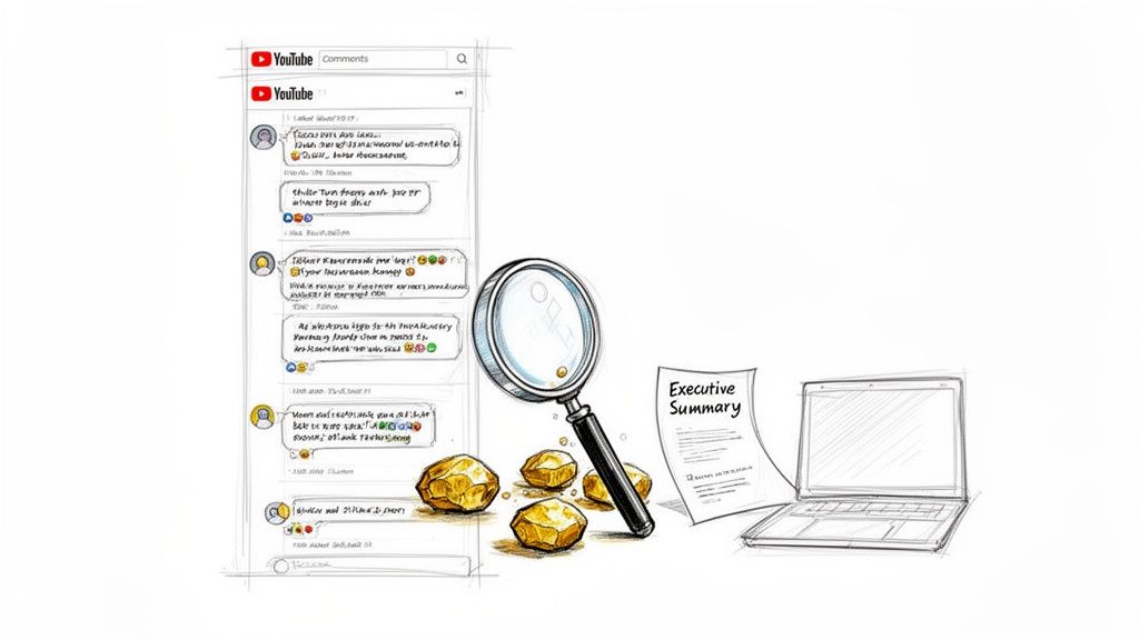 A sketch illustrating YouTube comments, a magnifying glass over gold nuggets, an executive summary, and a laptop.