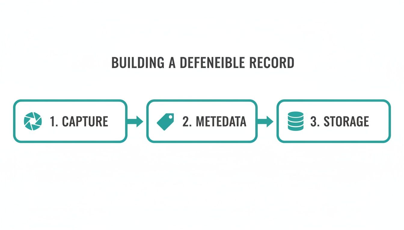 A three-step process diagram illustrates building a defensible record: Capture, Metadata, and Storage.