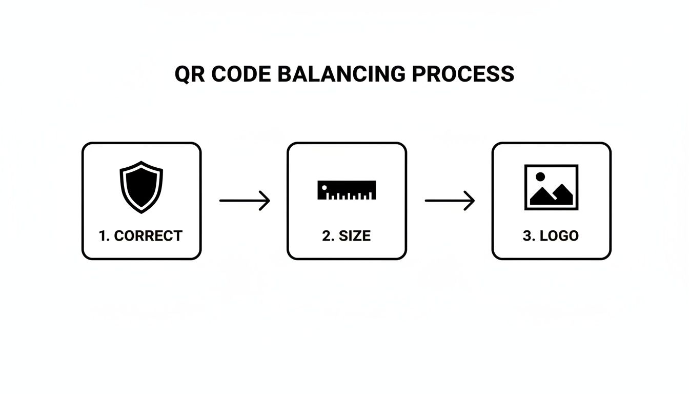 A visual diagram showing the QR code balancing process with steps for correctness, size adjustment, and logo placement.
