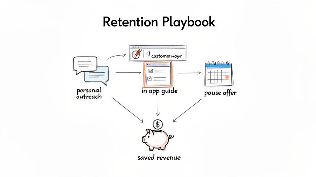 Flowchart outlining a customer retention playbook: personal outreach, in-app guides, and pause offers leading to saved revenue.