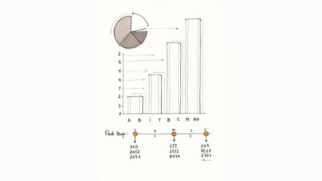 Hand-drawn charts and diagrams, including a pie chart, a bar graph, and a timeline with data points.