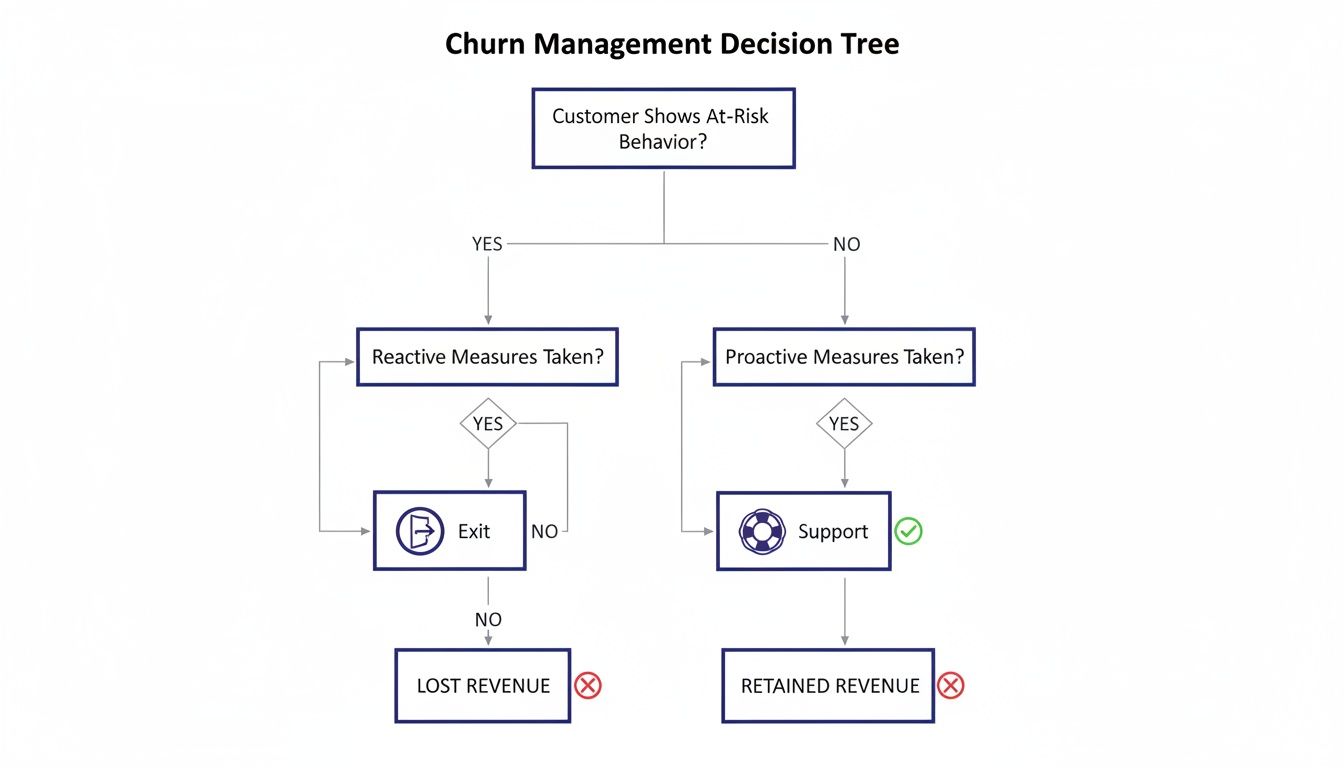 Flowchart illustrating a churn management decision tree, showing paths for at-risk and non-at-risk customers.