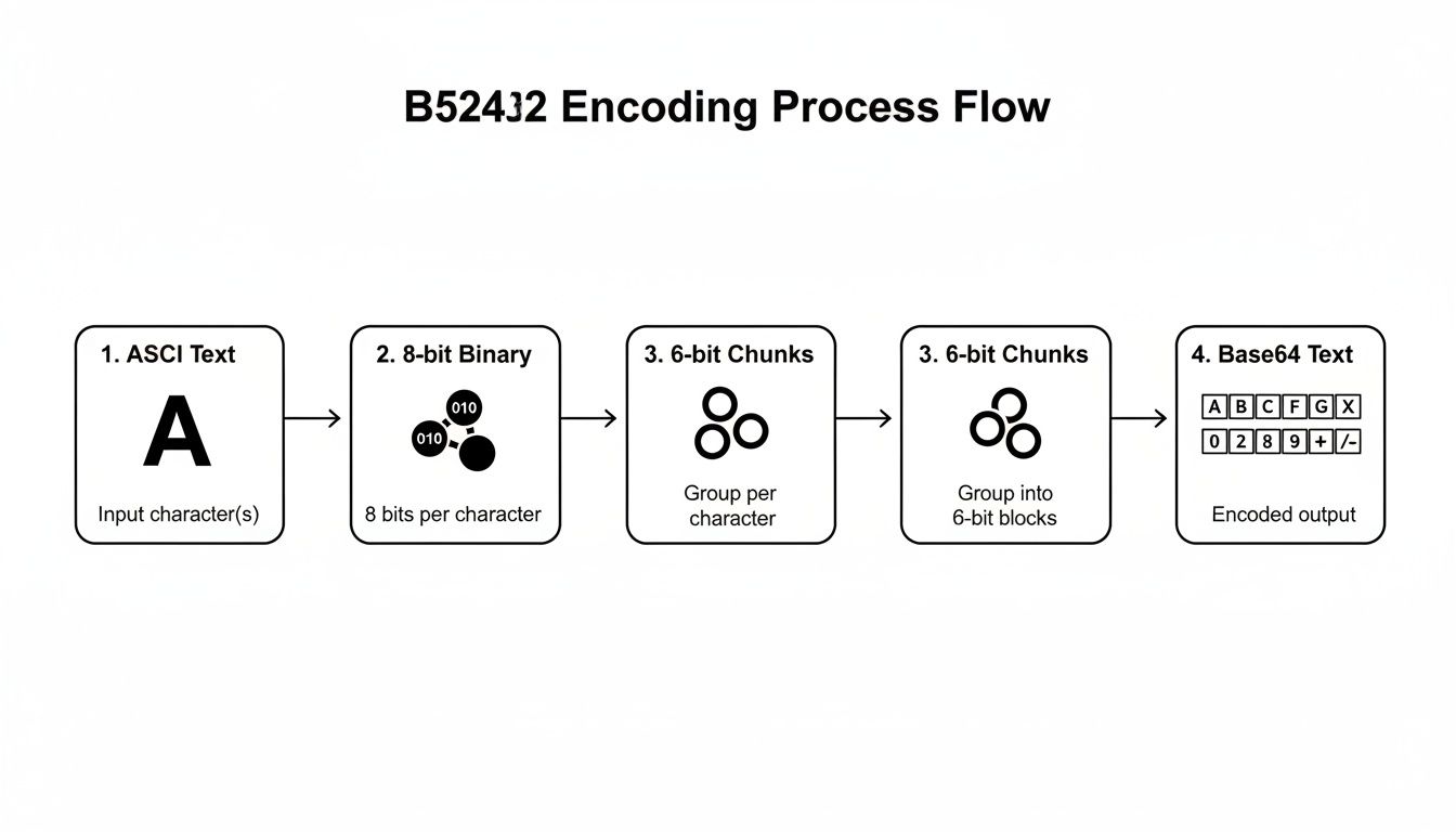 A diagram illustrating the Base64 encoding process, converting ASCII characters into Base64 text, step-by-step.