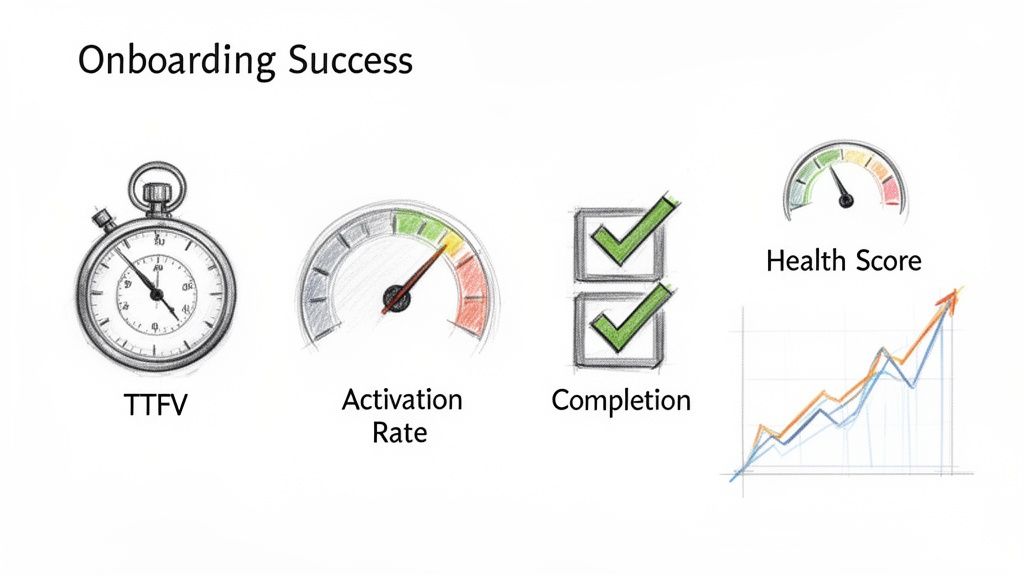 An infographic illustrating key metrics for onboarding success including TTFV, Activation Rate, Completion, and Health Score.