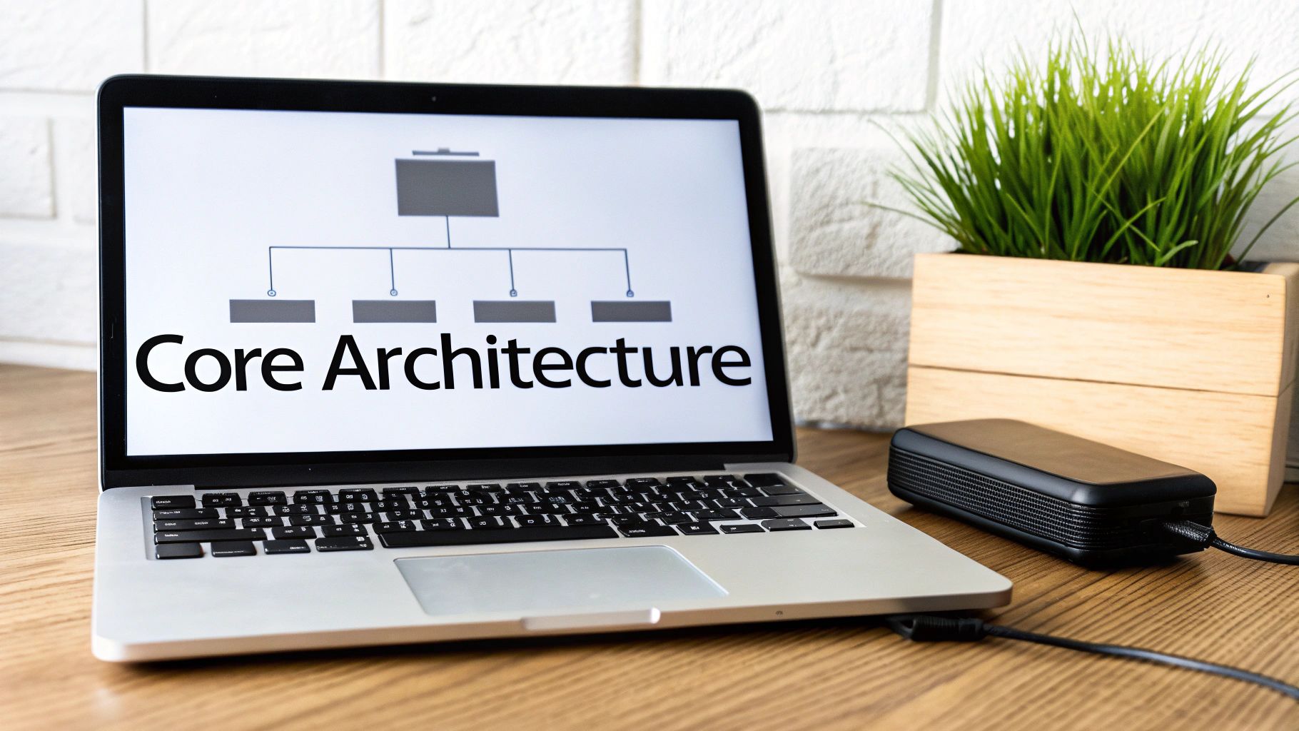 A laptop on a wooden desk displays a 'Core Architecture' diagram, next to a plant and a power bank.