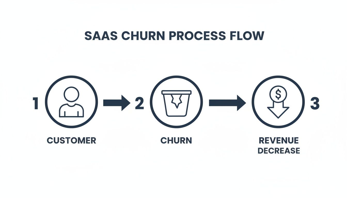 Diagram illustrating the SaaS churn process: customer leads to churn, resulting in revenue decrease.