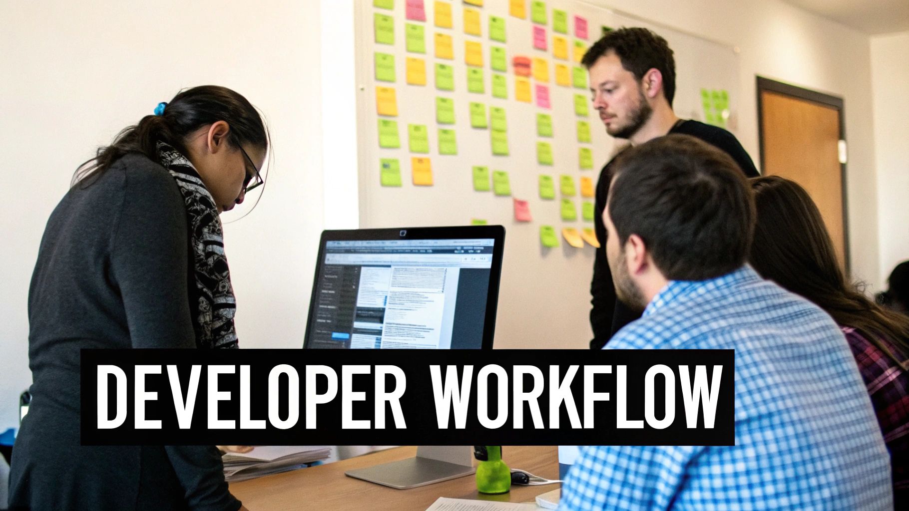 A team of developers collaborating around a laptop with sticky notes on a whiteboard.