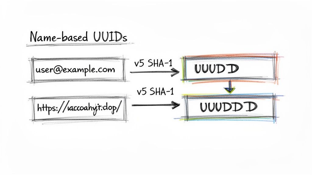 Diagram illustrating how name-based UUIDs are generated from an email and a URL using v5 SHA-1.