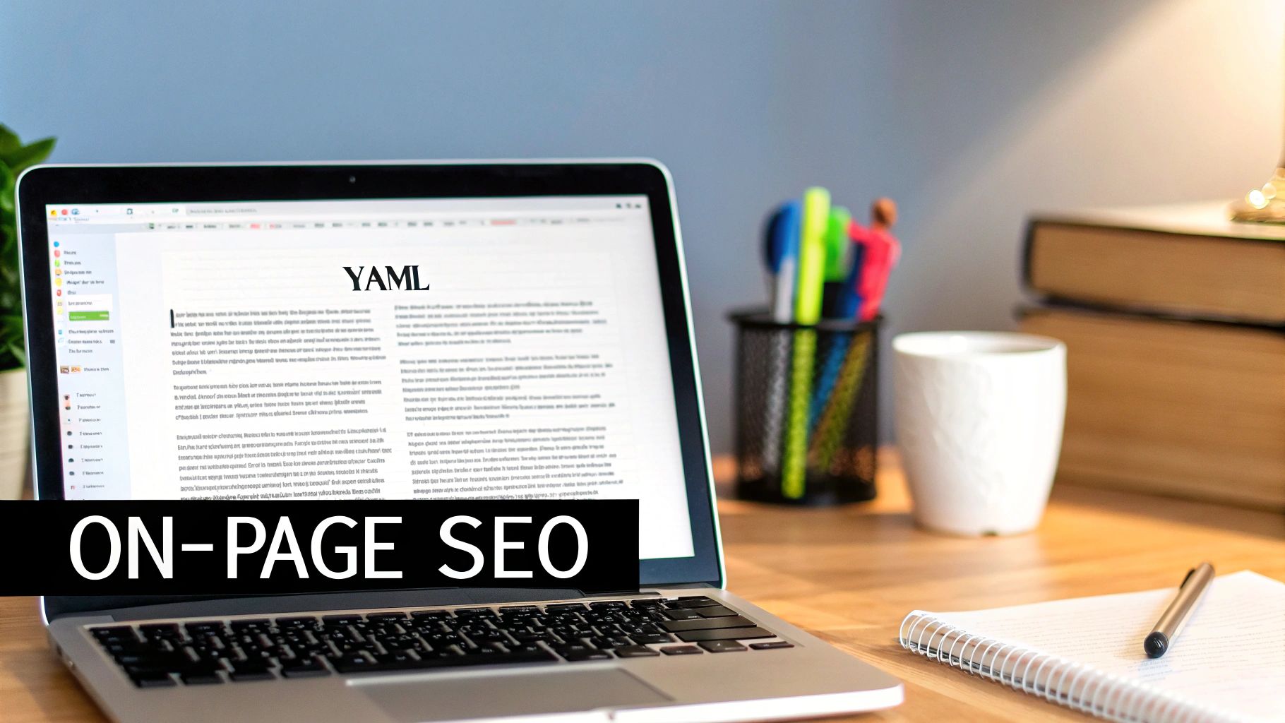 A workspace with a laptop displaying 'YAML' content and an 'ON-PAGE SEO' banner, alongside office supplies.