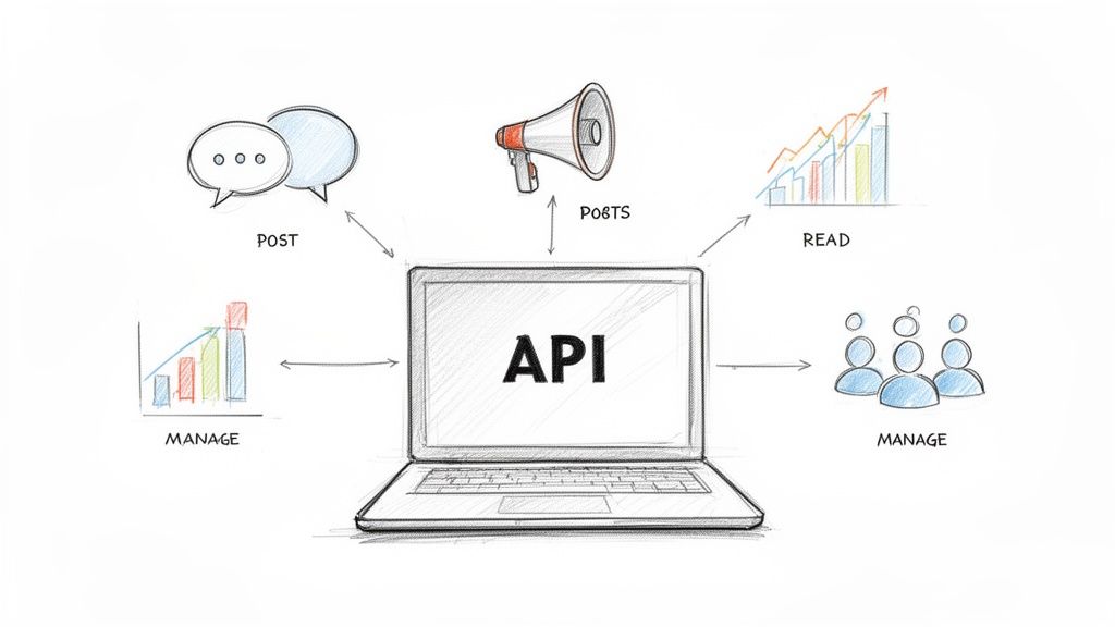 A diagram showing an API on a laptop connecting to social media functions: posting, reading, and managing.