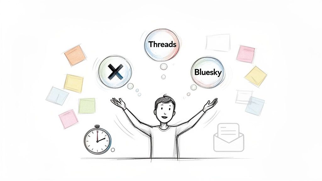 Illustration of a person juggling Threads, Bluesky, and an X-platform with other tasks.