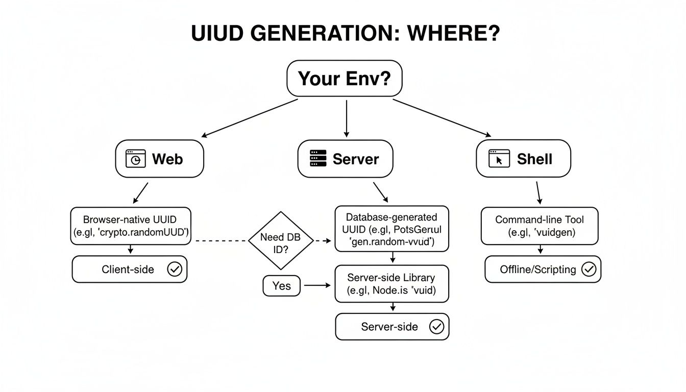 Flowchart illustrating various UUID generation methods across web, server, and shell environments.