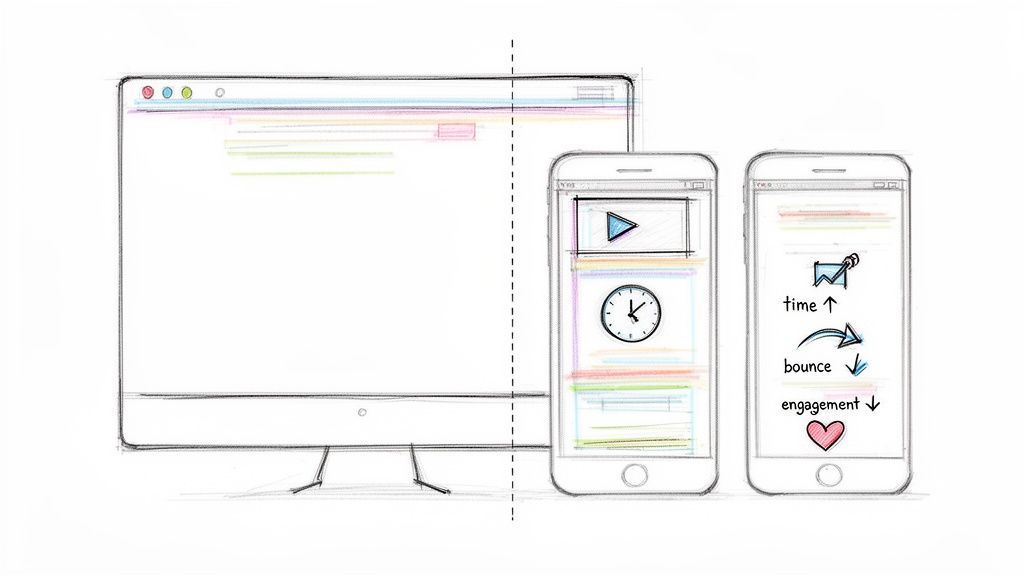 Hand-drawn illustration of a website on desktop and mobile, highlighting user engagement metrics like time and bounce.