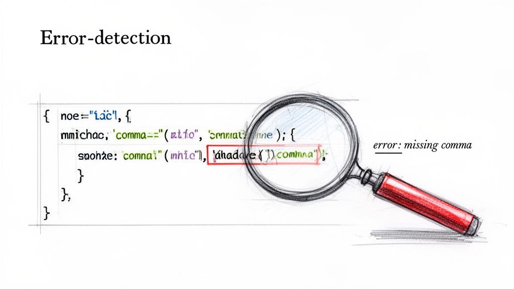 A magnifying glass highlights a missing comma error in a stylized code snippet, illustrating error detection.