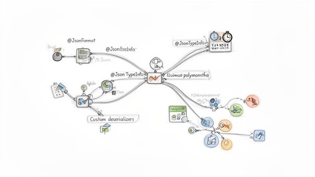 A detailed diagram illustrating JSON serialization and deserialization in Java, focusing on type information and custom deserializers.