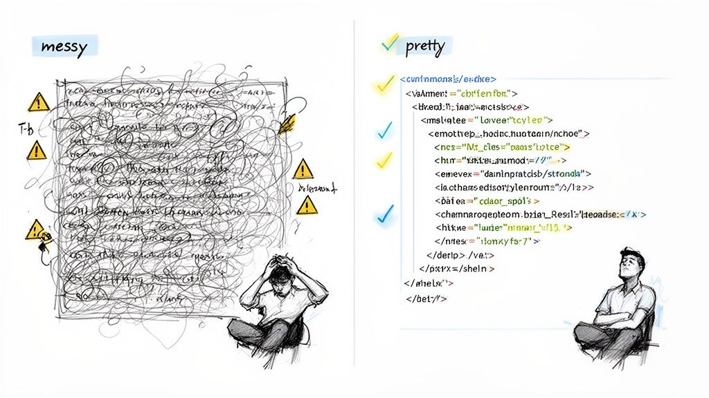 Illustration contrasting tangled, error-ridden code with a frustrated developer and clean, organized code with a relaxed one.
