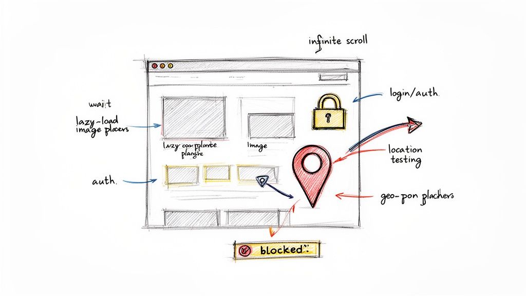 Hand-drawn sketch of a web browser interface showing web performance and security concepts like lazy loading and authentication.