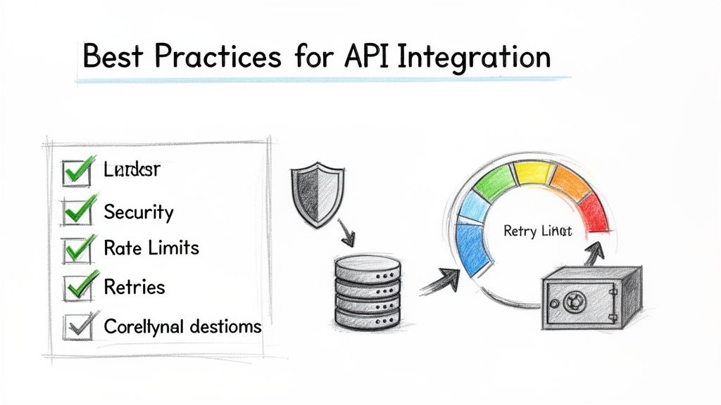Diagram illustrating best practices for API integration, including security, rate limits, retries, and logging.