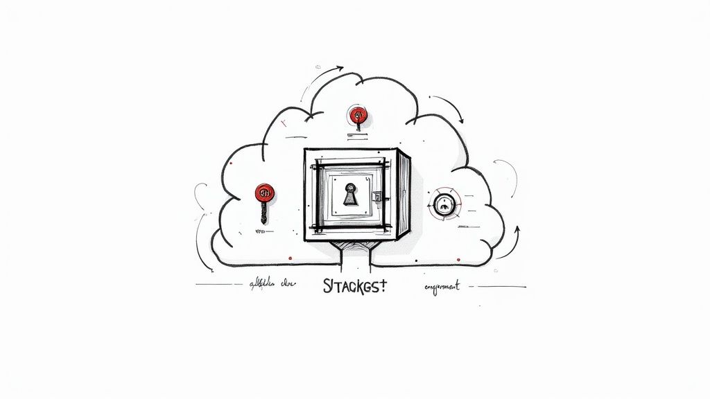 A conceptual drawing of a secure system with a safe inside a cloud, protected by keys and a lock.