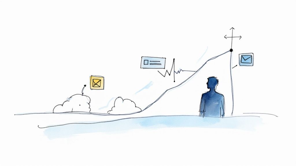 Hand-drawn sketch illustrating a journey of data and communication, leading to a target observed by a person.