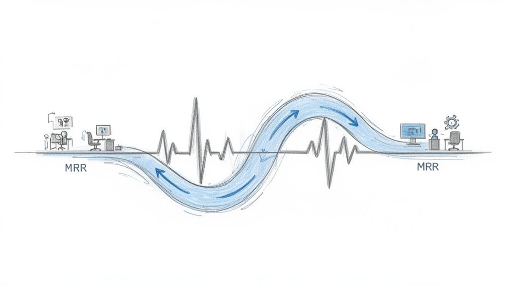 Sketch illustrating Monthly Recurring Revenue (MRR) flow as a wavy path with a heartbeat line and workers.