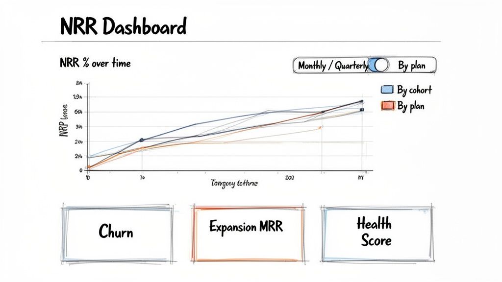 A hand-drawn NRR Dashboard showing Net Retention Rate percentage over time graph and key metrics.