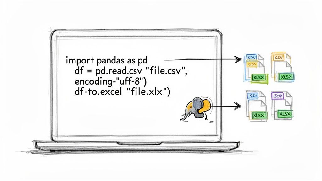 A laptop screen displays Python code using pandas to convert CSV files to Excel.