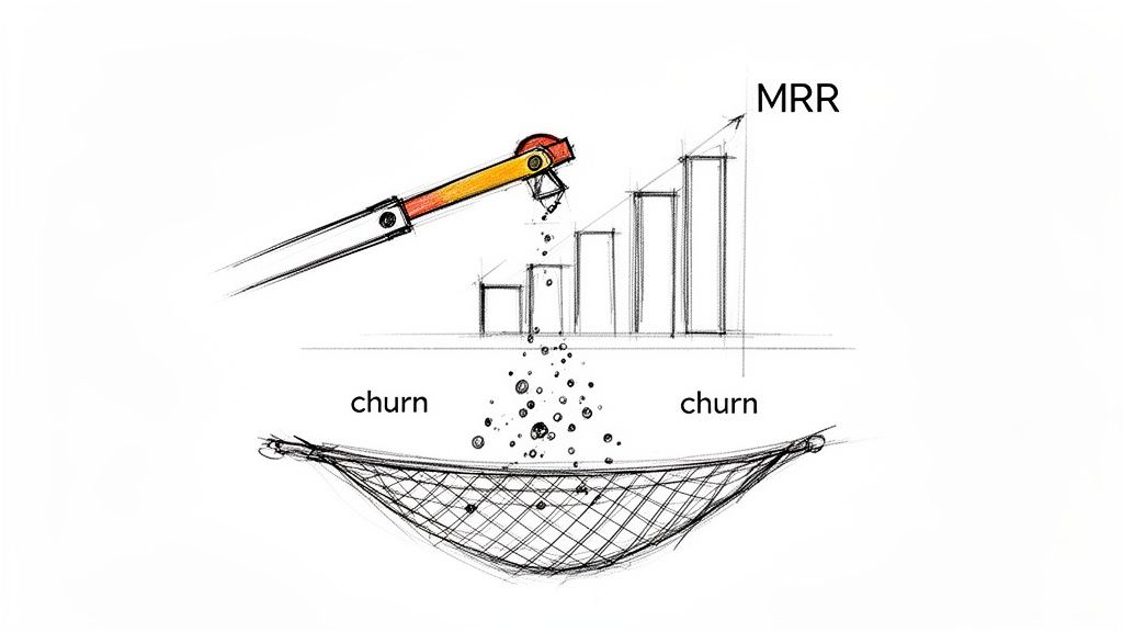 Sketch of a machine adding to MRR bar chart, while a net catches falling 'churn' particles.