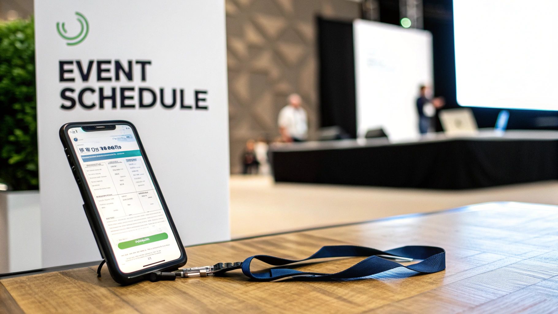 A smartphone displays an event schedule next to an 'EVENT SCHEDULE' sign and a blue lanyard on a table.