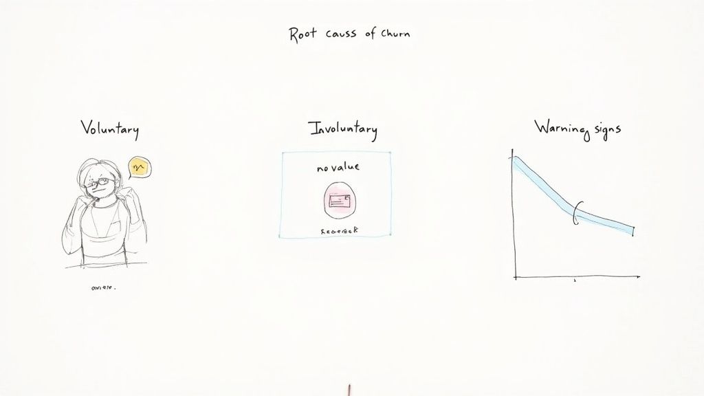 Diagram showing root causes of churn: voluntary (customer choice), involuntary (payment issues), and warning signs (declining usage).