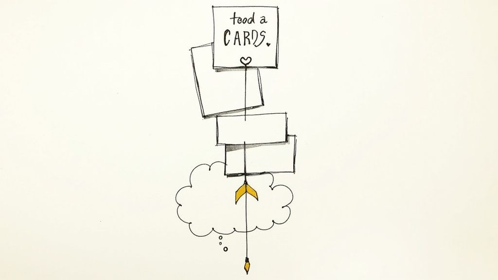 Hand-drawn illustration shows stacked cards, 'tood a CARDS' text, heart, thought bubble, and upward arrow.