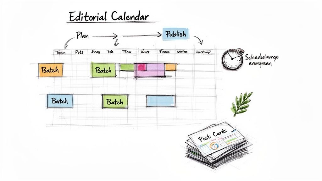 A hand-drawn editorial calendar illustrating content planning, batching, and publishing workflow with scheduling elements.