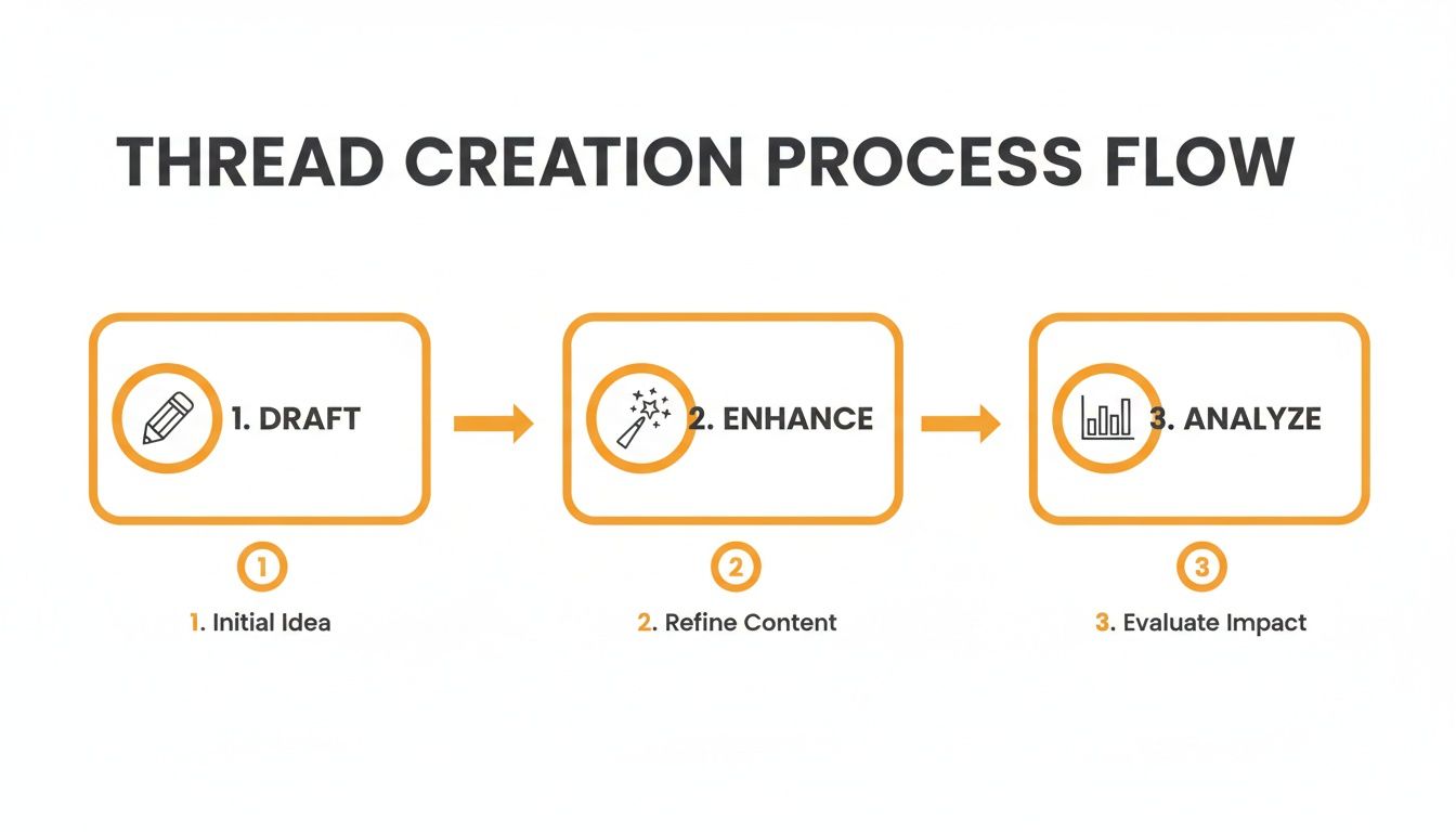 A three-step thread creation process flow diagram: Draft, Enhance, and Analyze.